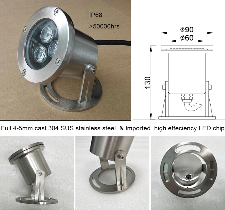IP68 Waterproof CE RoHS 3 in 1 Made in China Outdoor Water Fountain LED Underwater Spot Light